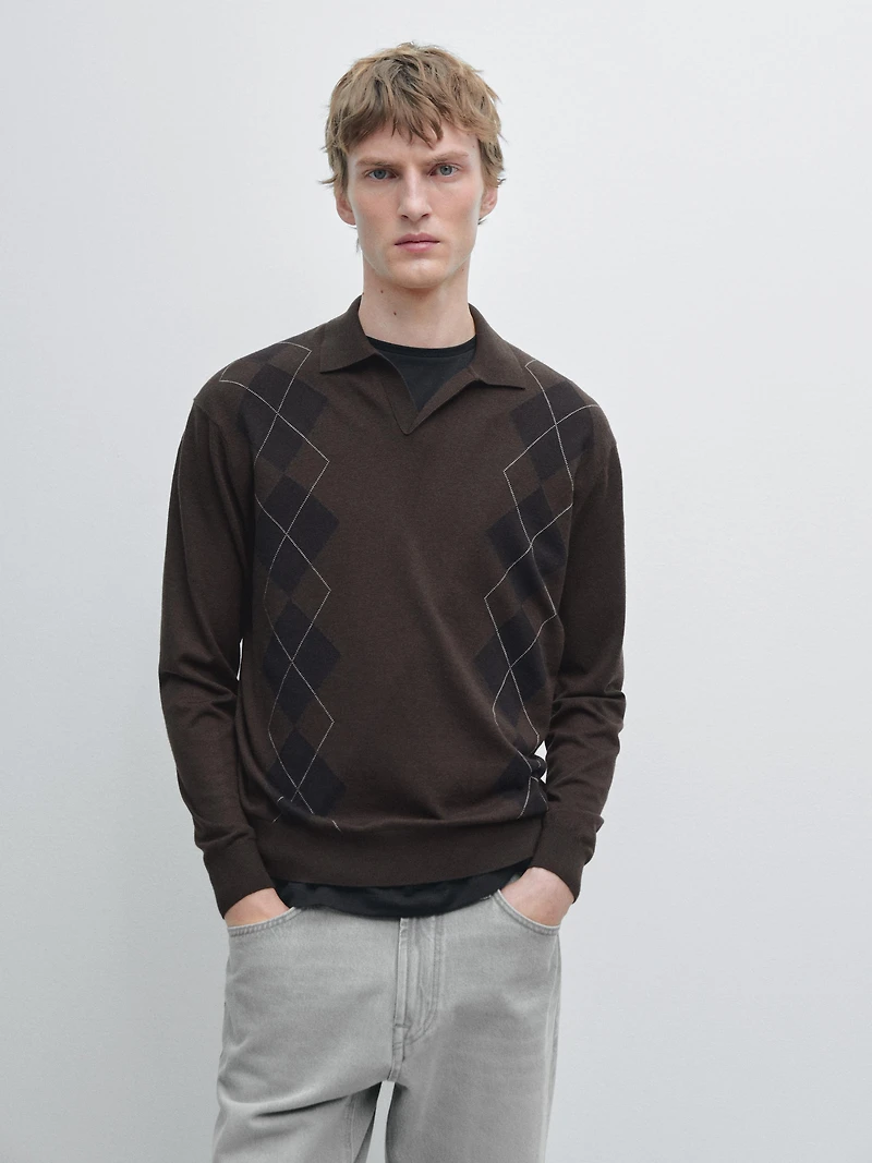 Wool blend argyle knit polo sweater