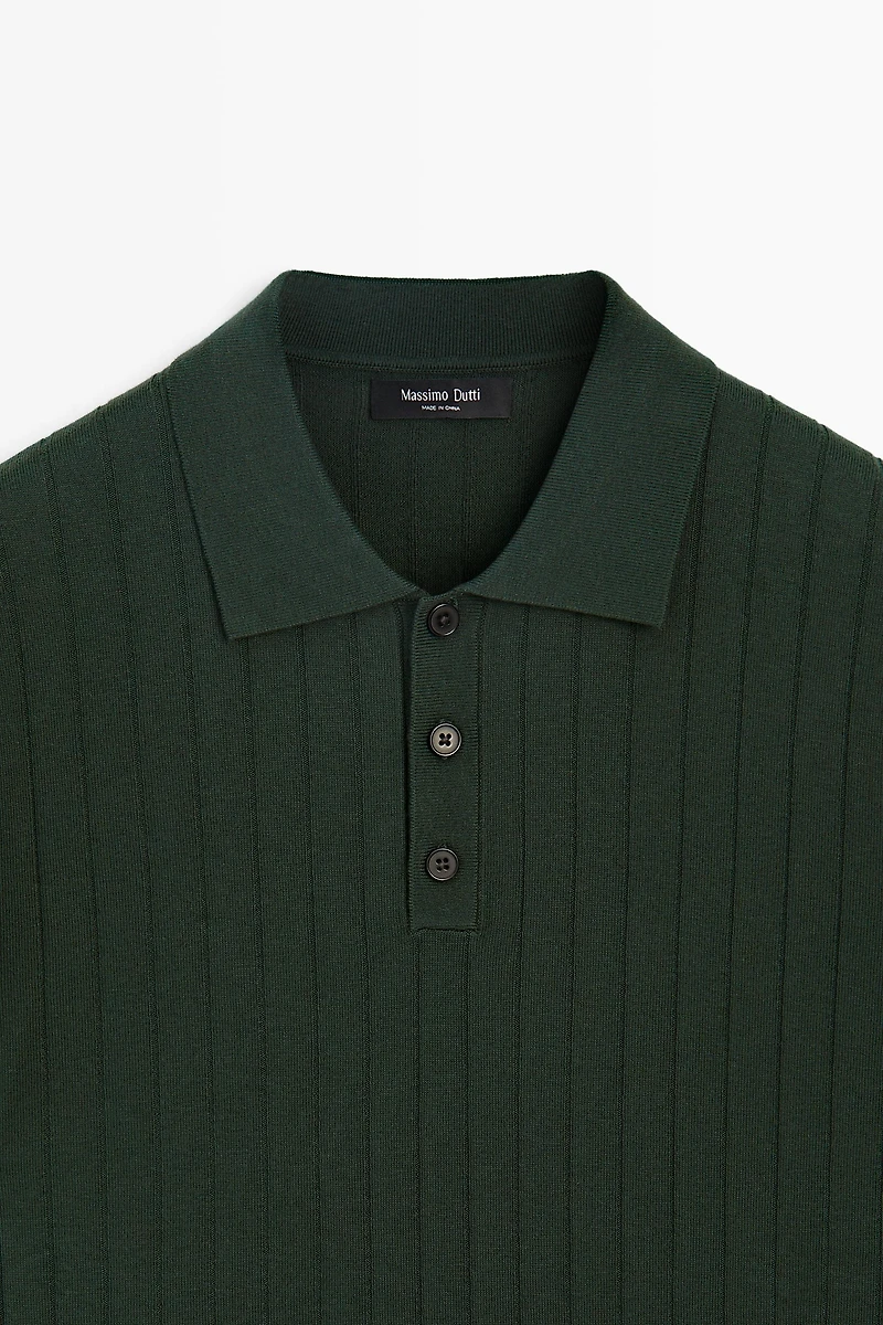 Ribbed knit cotton blend polo shirt
