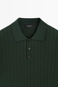 Ribbed knit cotton blend polo shirt