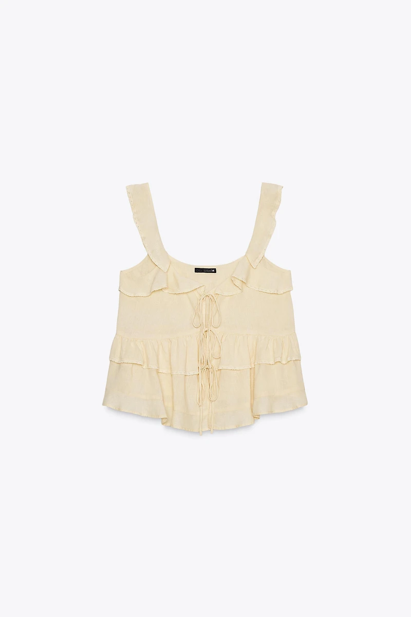 LINEN LACE TRIM RUFFLED TOP