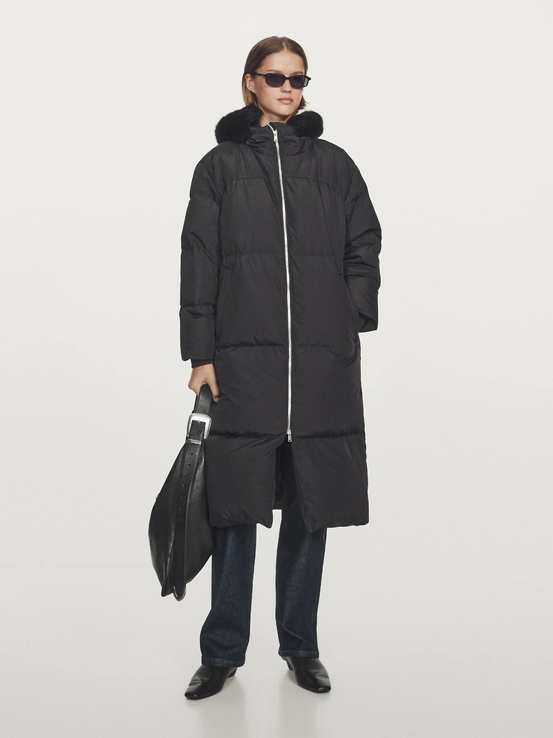 Technical down jacket with faux fur hood