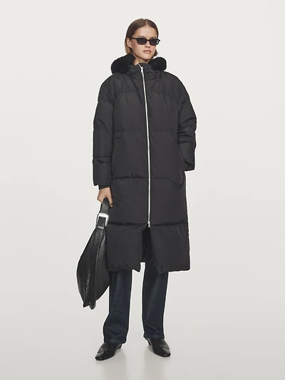 Technical down jacket with faux fur hood