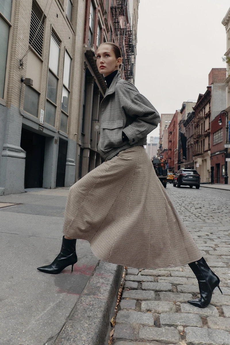 HOUNDSTOOTH BELTED CAPE MIDI SKIRT