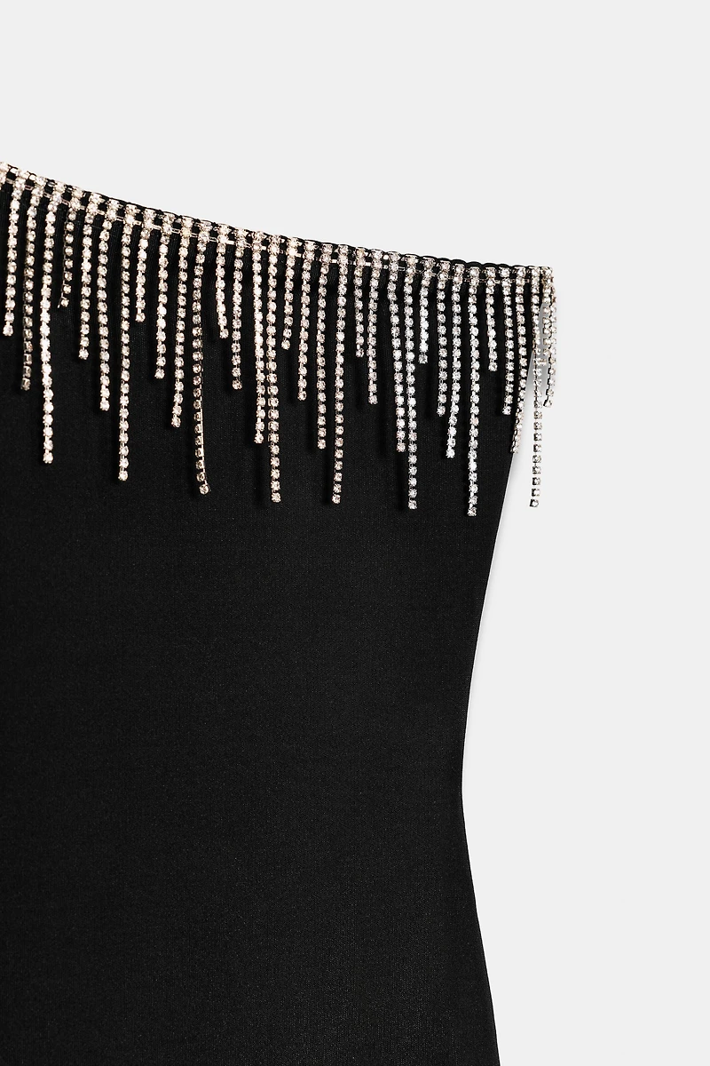 ASYMMETRIC FRINGE BODYSUIT WITH SPARKLE EMBELLISHMENT