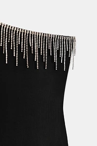 ASYMMETRIC FRINGE BODYSUIT WITH SPARKLE EMBELLISHMENT
