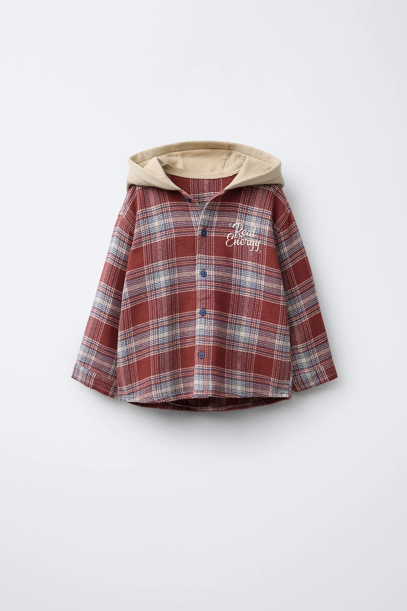 CONTRAST FLEECE HOODED PLAID OVERSHIRT