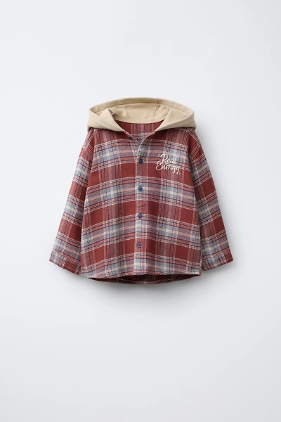 CONTRAST FLEECE HOODED PLAID OVERSHIRT