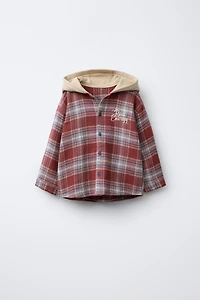 CONTRAST FLEECE HOODED PLAID OVERSHIRT