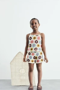 FLORAL AND BEADED CROCHET KNIT TOP