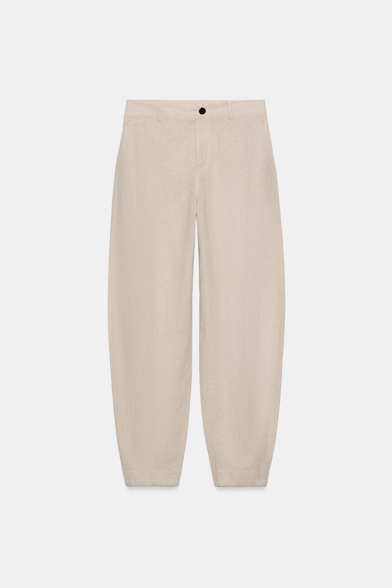 LINEN BLEND BARREL PANTS