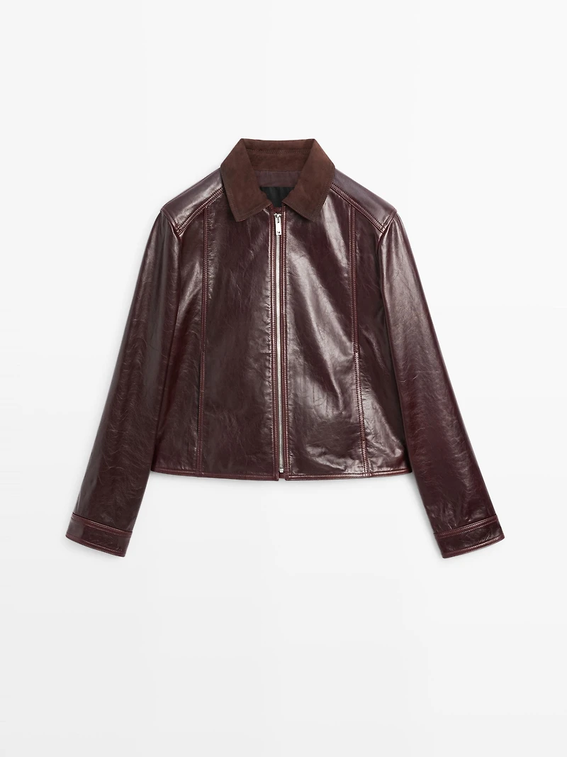 Nappa leather jacket with contrast suede collar