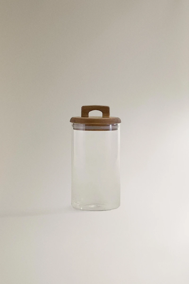 BOROSILICATE GLASS AND WOOD STORAGE JAR