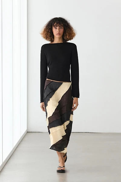 Layered contrast linen midi skirt