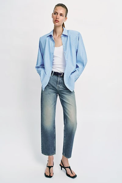 STRIPED SHOULDER PAD POPLIN SHIRT