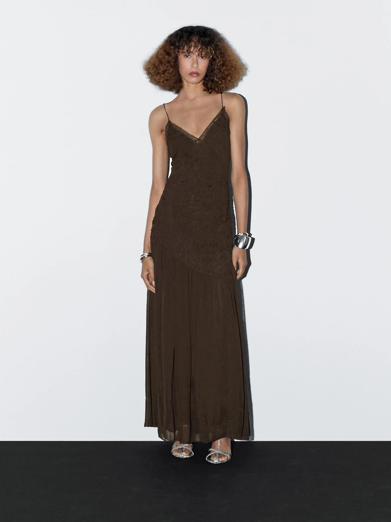 Long slip dress with gathered detail