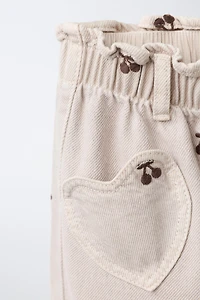 EMBROIDERED CHERRY BAGGY TWILL PANTS