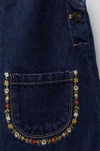 EMBROIDERED FLOWER DENIM OVERALL DRESS