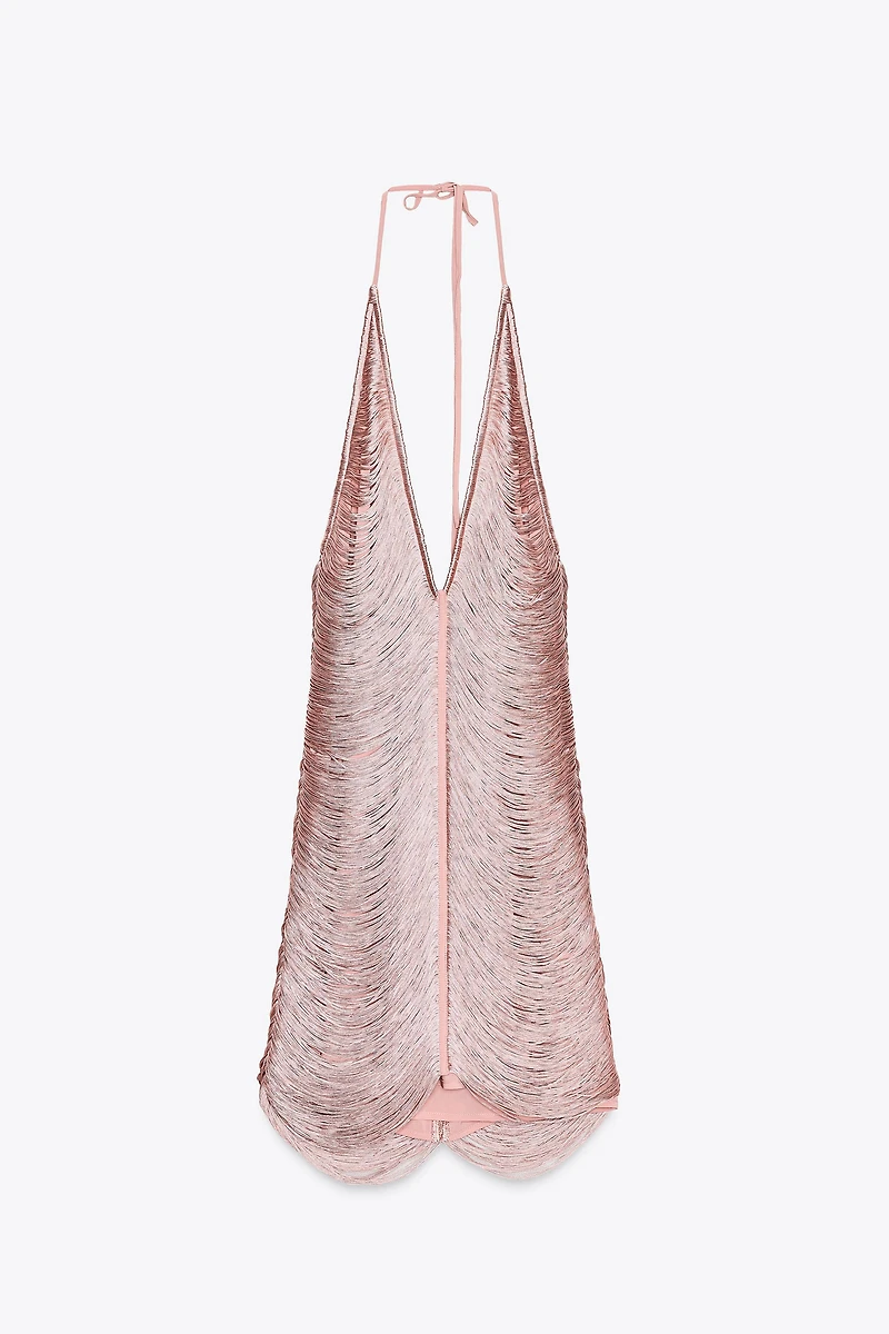 FRINGED HALTER MINI DRESS