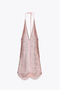 FRINGED HALTER MINI DRESS