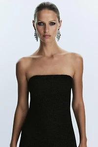 FRINGED STRAPLESS MIDI DRESS
