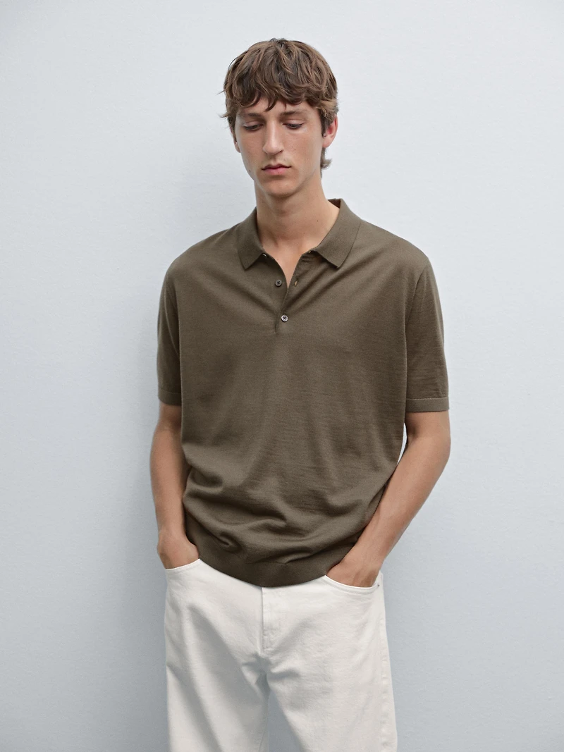 Short sleeve wool blend knit polo shirt