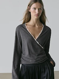 Cross-over knit cardigan with lace detail