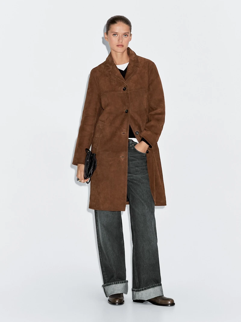 Manteau long en cuir finition daim