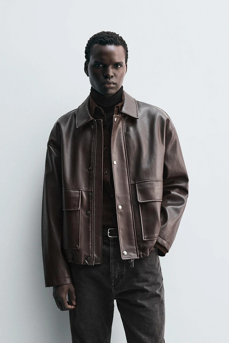 RELAXED FIT FAUX LEATHER JACKET