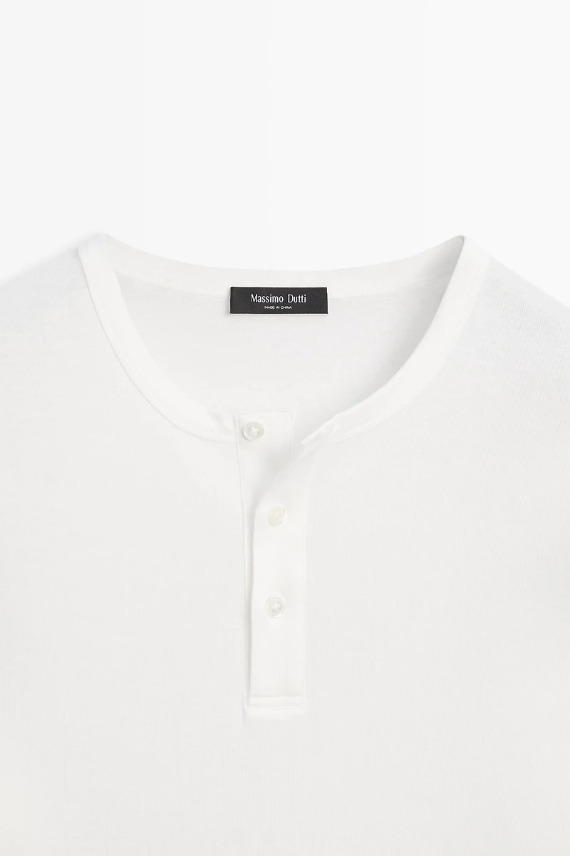 T-shirt manches longues col tunisien 100 % coton