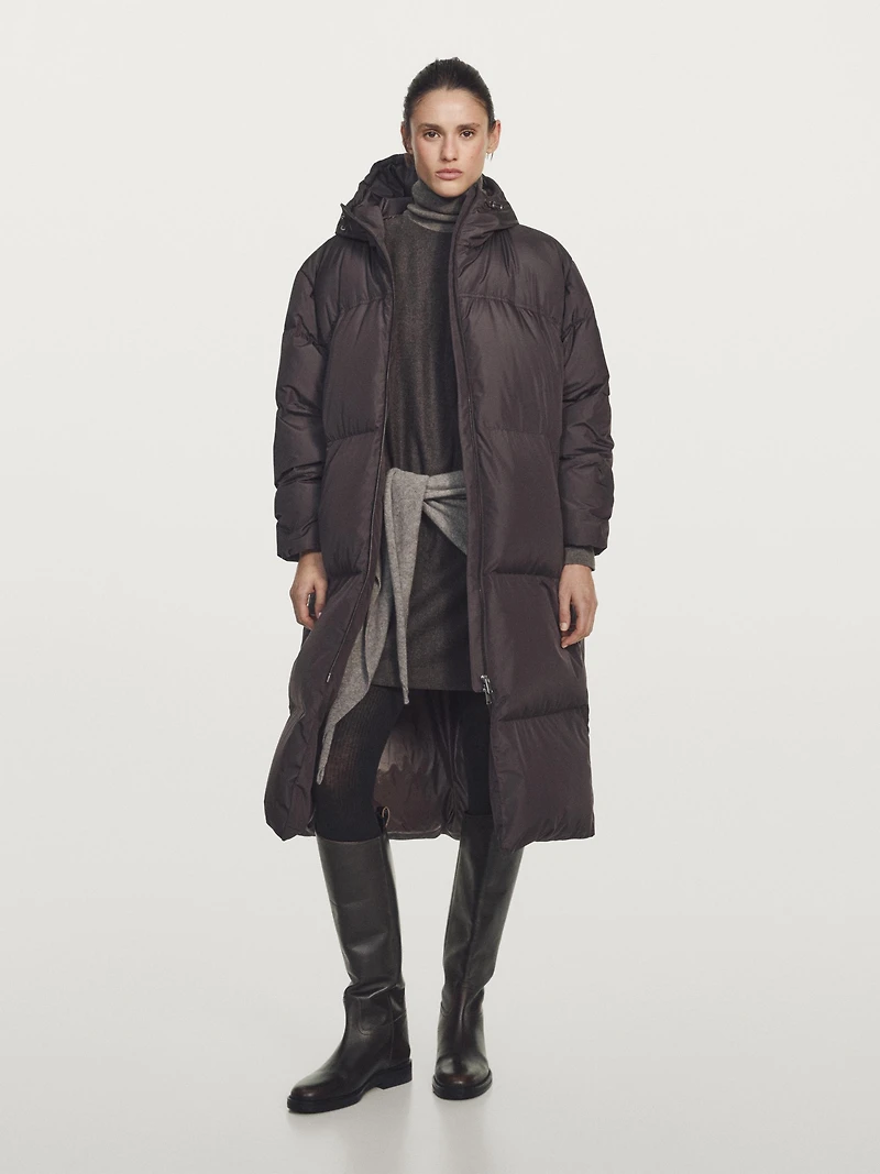 Long water-repellent hooded puffer jacket