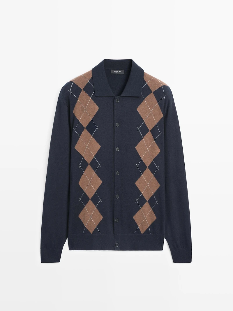Wool blend argyle knit cardigan