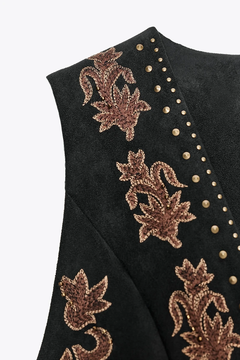 EMBROIDERED BEADED FAUX SUEDE VEST