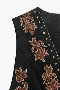 EMBROIDERED BEADED FAUX SUEDE VEST