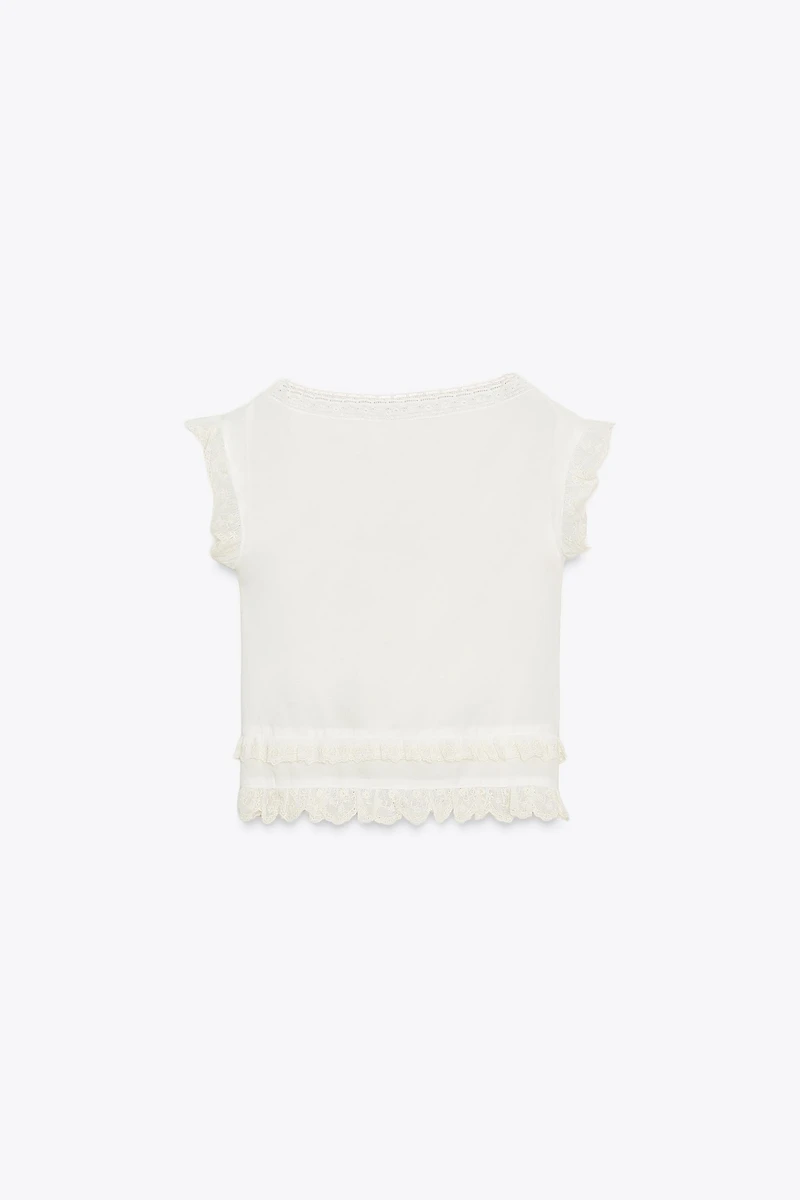 EMBROIDERED GAUZE BOW CROP TOP