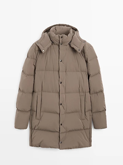 Long water-repellent down puffer jacket