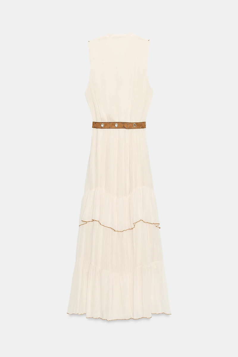 BELTED RUFFLED MIDI DRESS