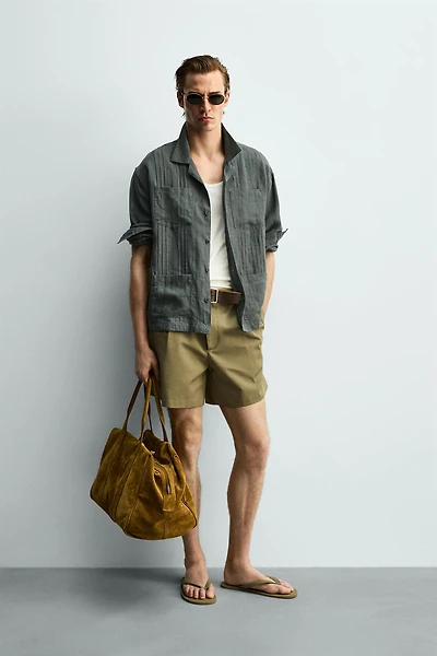 RELAXED FIT 100% LINEN PLEATED SHIRT