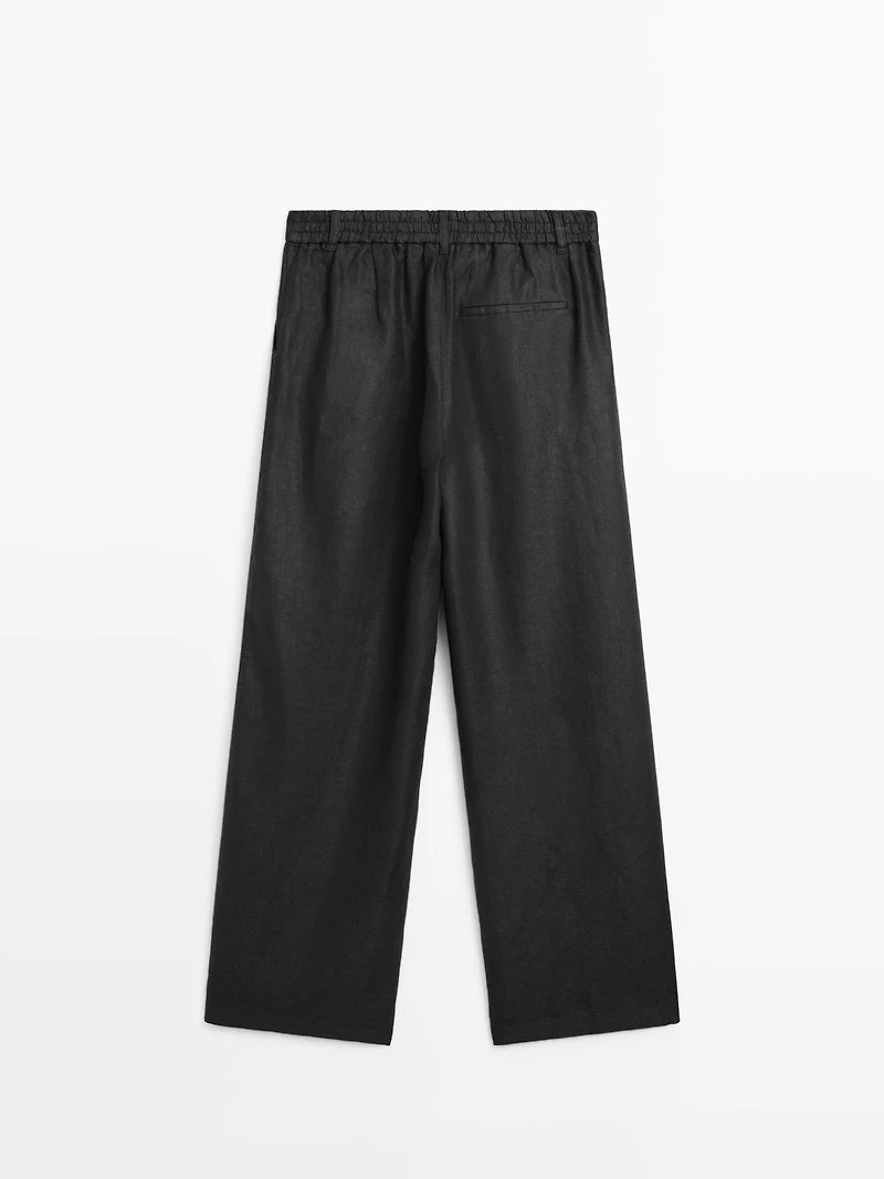100% linen wide-leg elasticated trousers