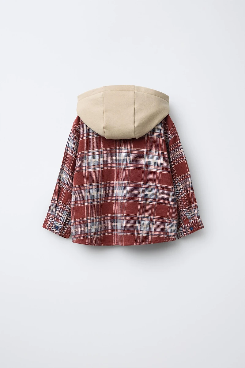 CONTRAST FLEECE HOODED PLAID OVERSHIRT