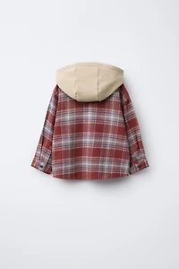 CONTRAST FLEECE HOODED PLAID OVERSHIRT