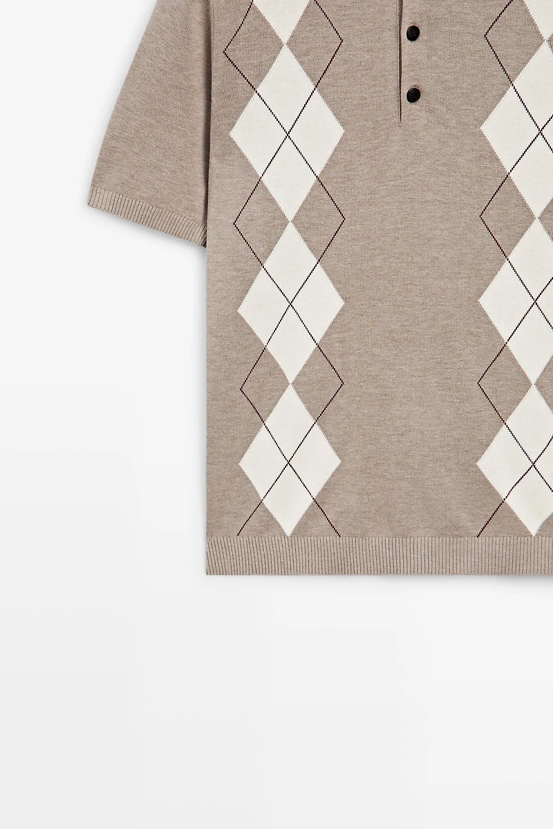 Cotton blend diamond pattern short sleeve polo shirt