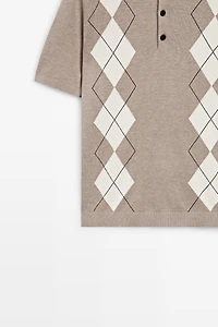 Cotton blend diamond pattern short sleeve polo shirt