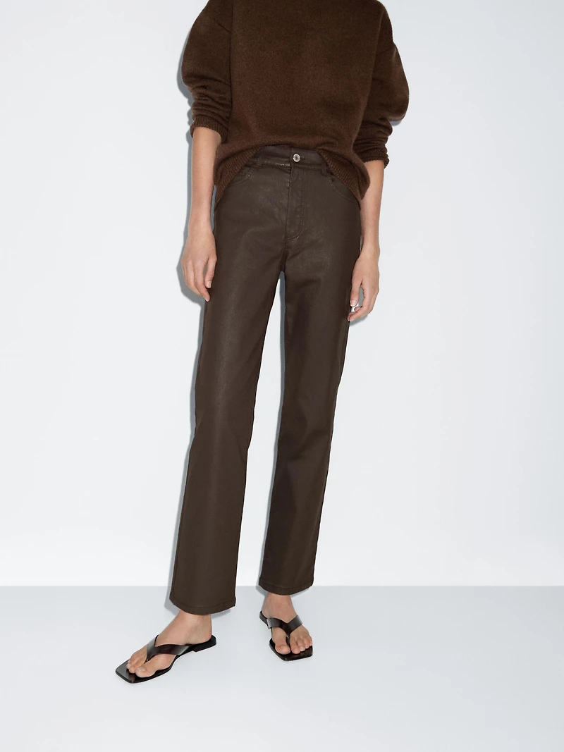 Pantalon straight enduit taille haute