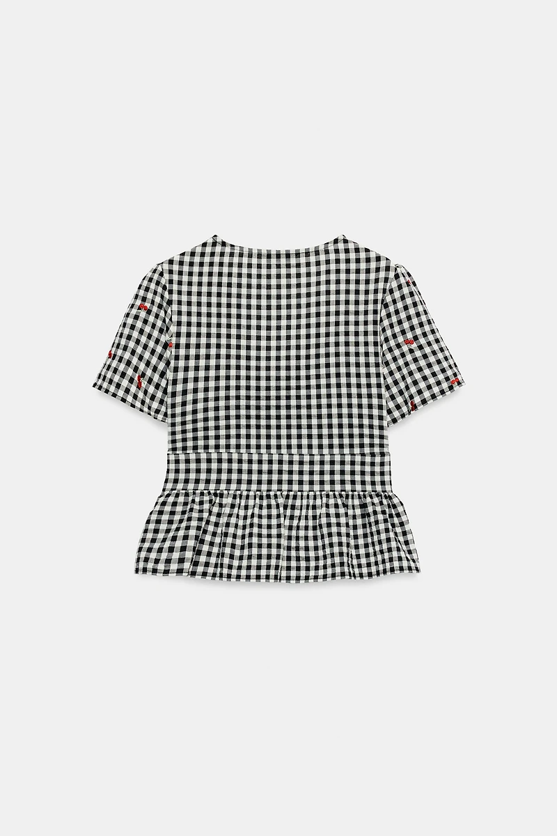 CHERRY EMBROIDERED GINGHAM TOP