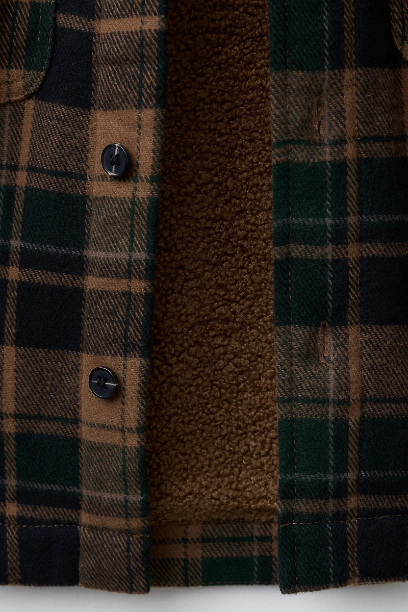 PLAID OVERSHIRT WITH REMOVABLE HOODIE AND FAUX SHEARLING