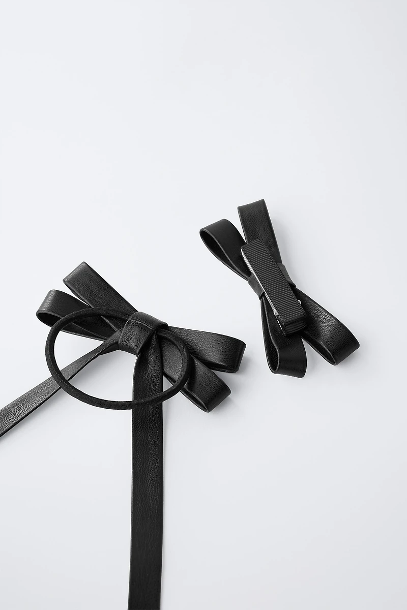 FAUX LEATHER BOW HAIR CLIP AND HAIR TIE PACK