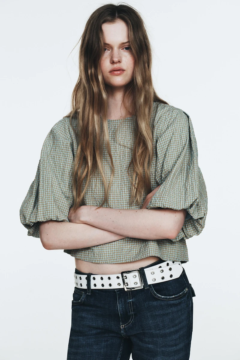CHECKED BALLOON SLEEVE TOP