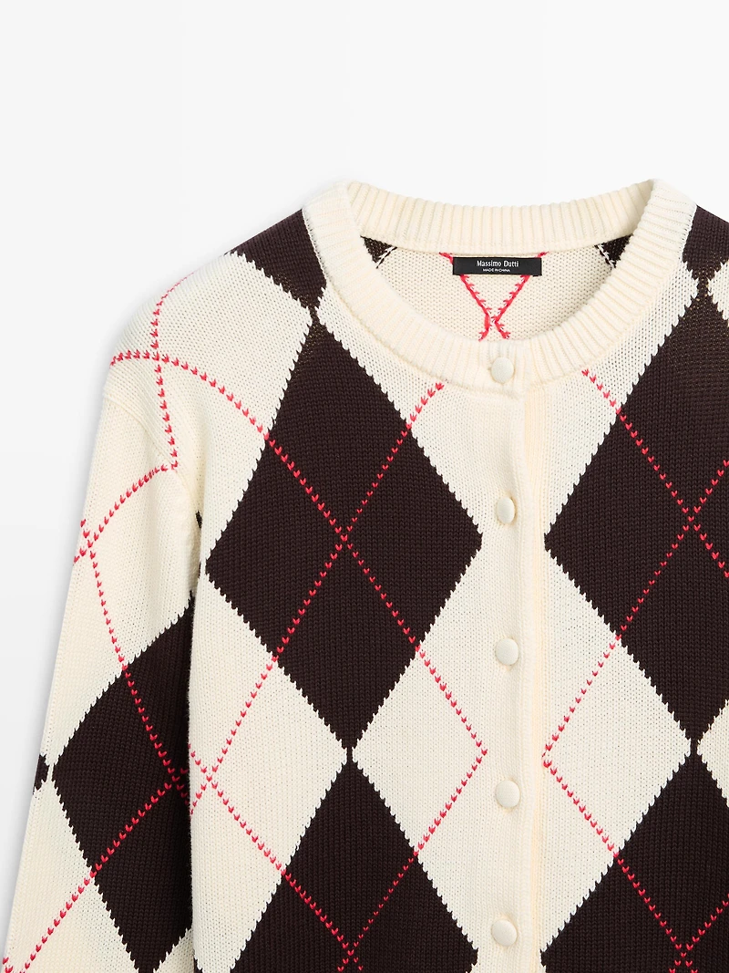 Cotton argyle knit cardigan