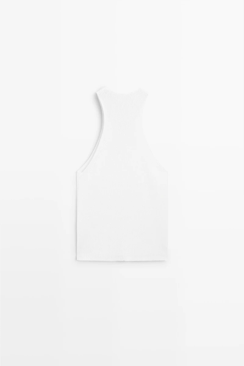 Cotton blend halter top with ribbed detail