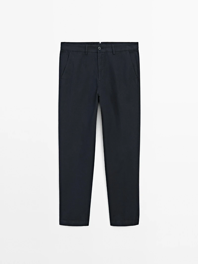 Cotton and linen blend tapered fit trousers